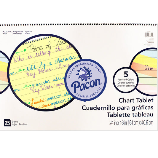 Chart Tablet, Cursive Cover, Assorted 5 Colors Inside, 1" Ruled, 24" x 16", 25 Sheets, Pack of 2