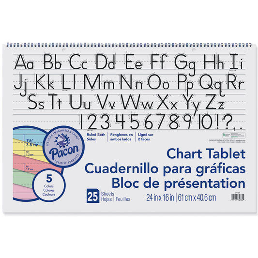 Chart Tablet, Manuscript Cover, Assorted 5 Colors Inside, 1-1/2" Ruled, 24" x 16", 25 Sheets, Pack of 2