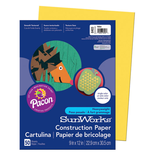 Construction Paper, Yellow, 9" x 12", 50 Sheets Per Pack, 25 Packs