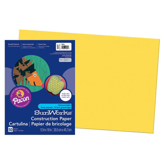 Construction Paper, Yellow, 12" x 18", 50 Sheets Per Pack, 10 Packs