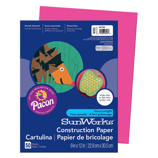 Construction Paper, Hot Pink, 9" x 12", 50 Sheets Per Pack, 25 Packs