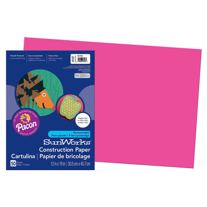 Construction Paper, Hot Pink, 12" x 18", 50 Sheets Per Pack, 5 Packs