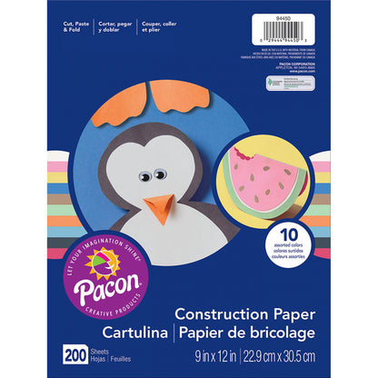 Lightweight Construction Paper, 10 Assorted Colors, 9" x 12", 200 Sheets