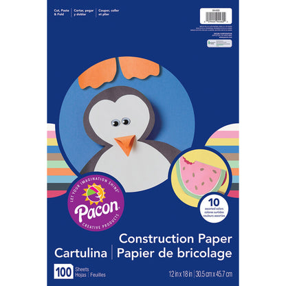 Lightweight Construction Paper, 10 Assorted Colors, 12" x 18", 100 Sheets Per Pack, 3 Packs