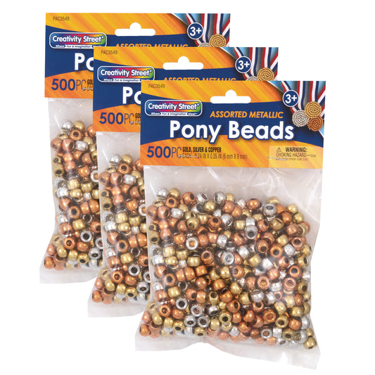 Pony Beads, Gold, Silver & Copper, 6 mm x 9 mm, 500 Per Pack, 3 Packs