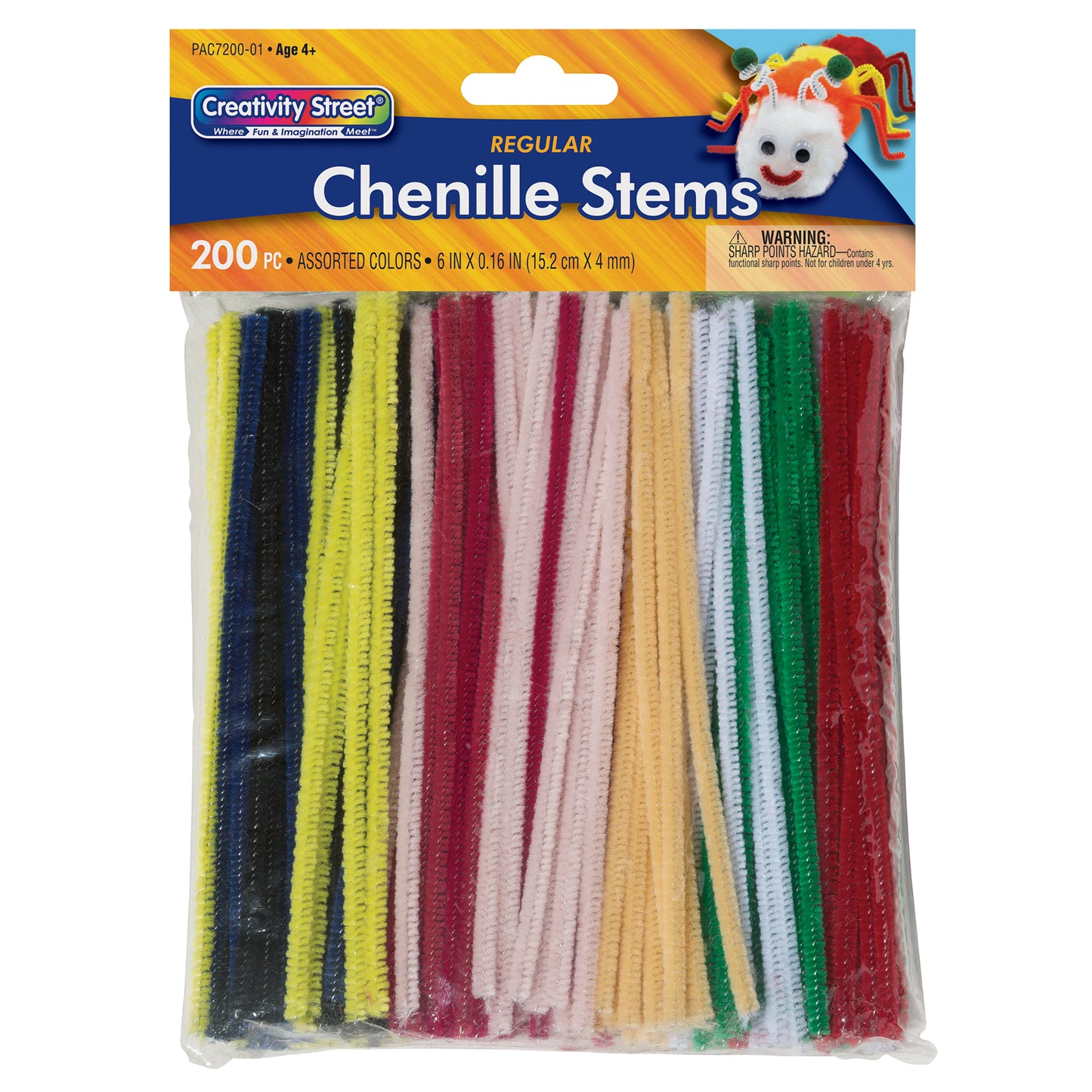 Regular Stems, Assorted Colors, 6" x 4 mm, 200 Pieces Per Pack, 6 Packs