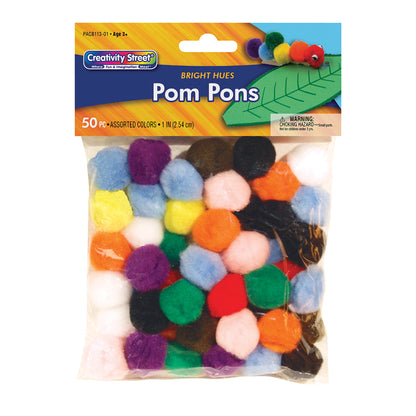 Pom Pons, Bright Hues, 1", 50 Per Pack, 12 Packs