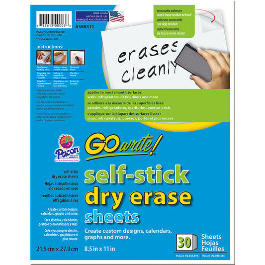 Dry Erase Sheets, Self-Adhesive, White, 8-1/2" x 11", 30 Sheets