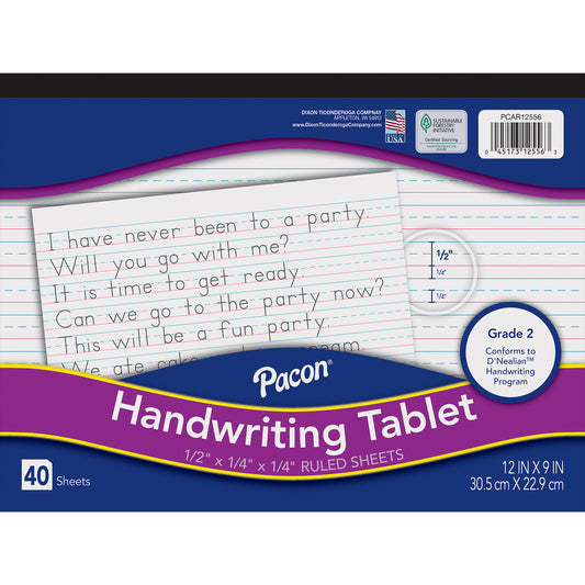 Handwriting Tablet, White, 1/2 in x 1/4 in x 1/4 in Ruled Long, 12" x 9", 40 Sheets