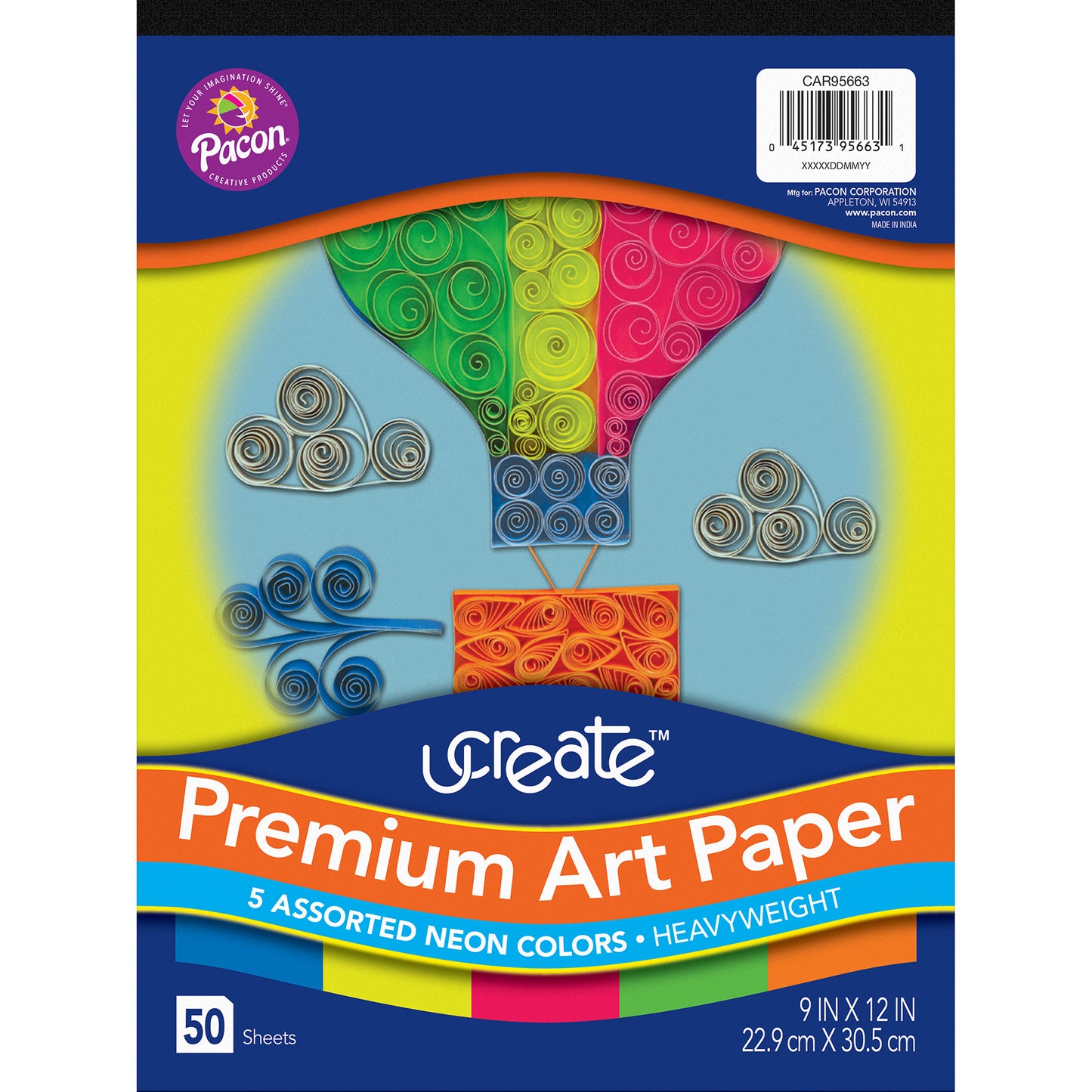 Premium Neon Art Paper Pad, 5 Assorted Colors, 9" x 12", 50 Sheets