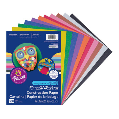 Construction Paper, 10 Assorted Colors, 9" x 12", 500 Sheets