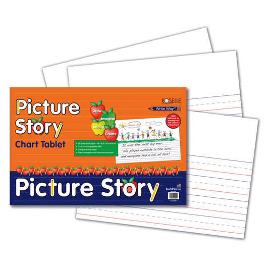 Picture Story Chart Tablet, Long Way, 1-1/2" Ruled, 24" x 16", 25 Sheets, Pack of 3