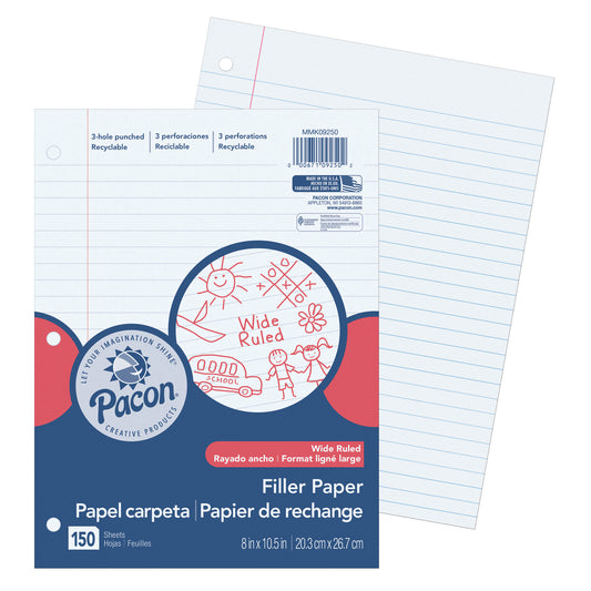 Filler Paper, White, 3-Hole Punched, Red Margin, 3/8" Ruled, 8" x 10-1/2", 150 Sheets