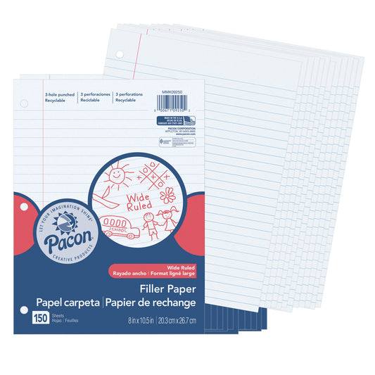 Filler Paper, White, 3-Hole Punched, Red Margin, 3/8" Ruled, 8" x 10-1/2", 150 Sheets Per Pack, 12 Packs