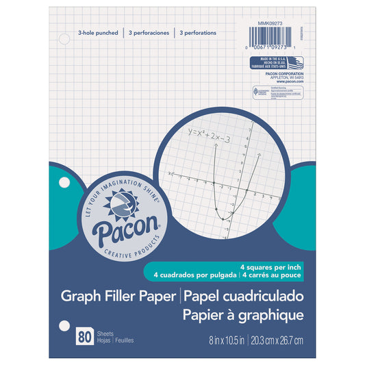 Graphing Paper, White, 3-Hole Punched, 1/4" Quadrille Ruled, 8" x 10-1/2", 80 Sheets