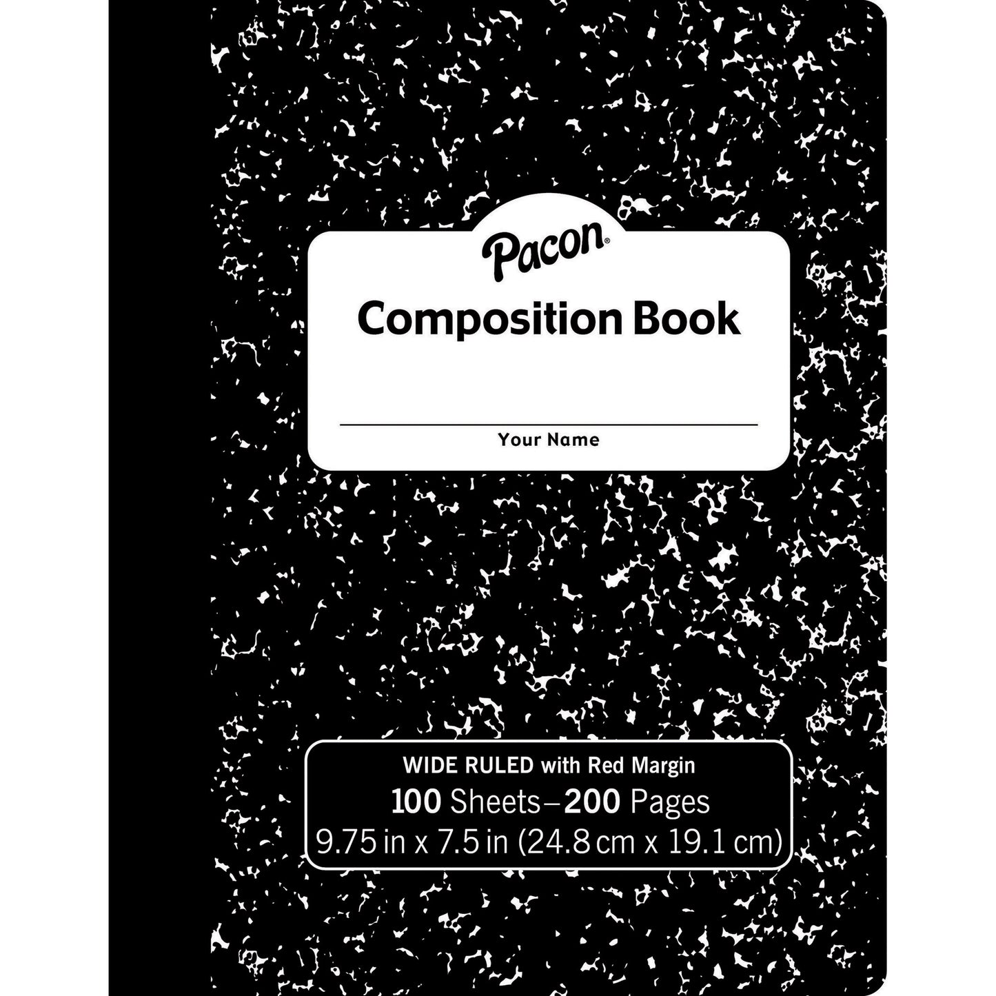 Composition Book, Black Marble, 3/8" Ruled w/ Margin, 9.75" x 7.5", 100 Sheets, Pack of 12