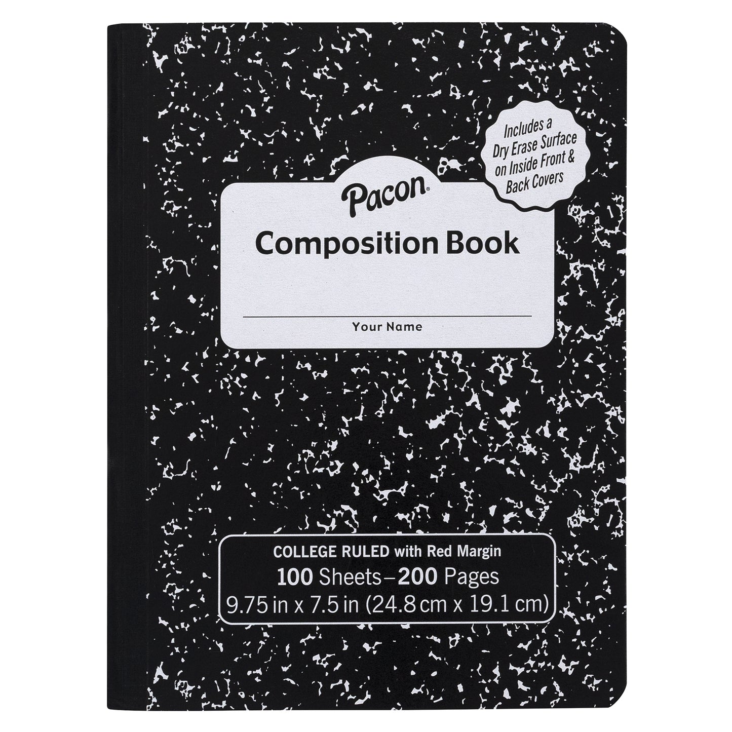 Composition Book, Black Marble, 9/32 in ruling with red margin 9-3/4" x 7-1/2", 100 Sheets