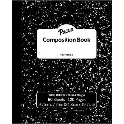 Composition Book, Black Marble, 3/8" Ruled w/Margin, 9-3/4" x 7-3/4", 60 Sheets, Pack of 12