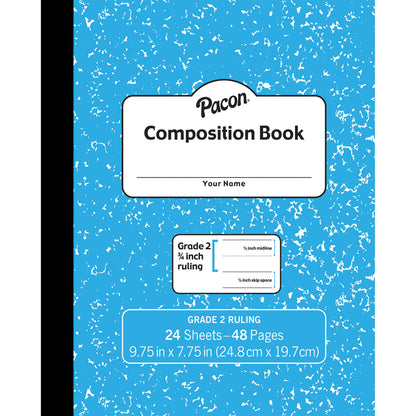 Composition Book, Grade 2, Blue Marble, 3/4" x 3/8" x 3/8" Ruled, 9.75" x 7.75", 24 Sheets, Pack of 24