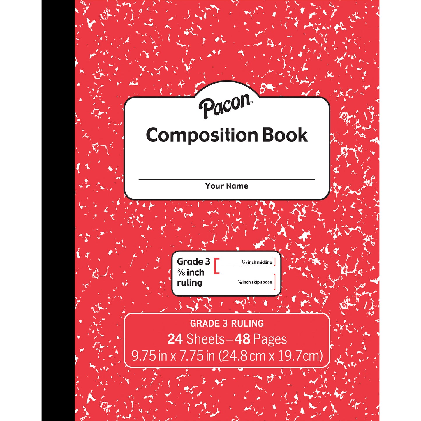 Composition Book, Grade 3, Red Marble, 3/8" x 3/16" x 3/16" Ruled, 9-3/4" x 7-3/4", 24 Sheets