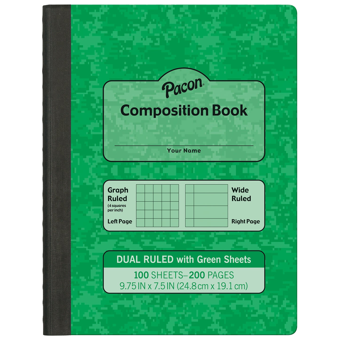 Dual Ruled Composition Book, Green, 1/4 in grid and 3/8 in (wide) 9-3/4" x 7-1/2", 100 Sheets