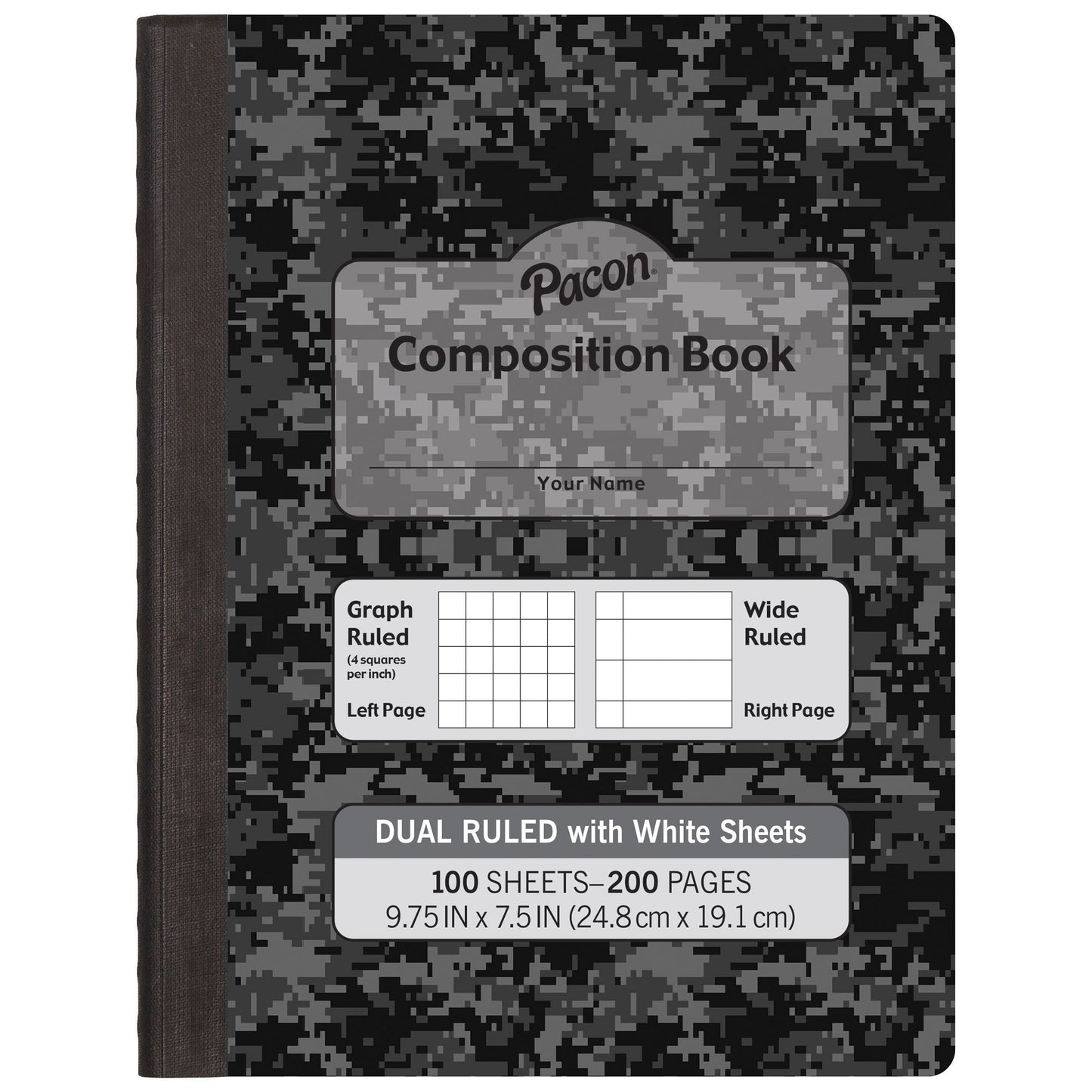 Dual Ruled Composition Book, Dark Gray Marble, 1/4" Grid & 3/8" Wide Ruled, 9-3/4" x 7-1/2", 100 Sheets