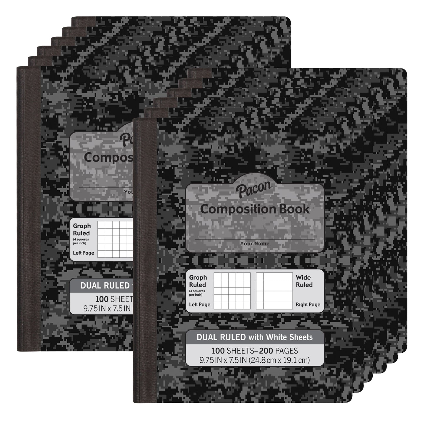 Dual Ruled Composition Book, Dark Gray, 1/4" Grid & 3/8" Wide Ruled, 9-3 /4" x 7-1/2", 100 Sheets, Pack of 12