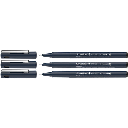 Pictus Fineliners, Wallet, Black Ink, Assorted Sizes, 3 Per Pack, 3 Packs