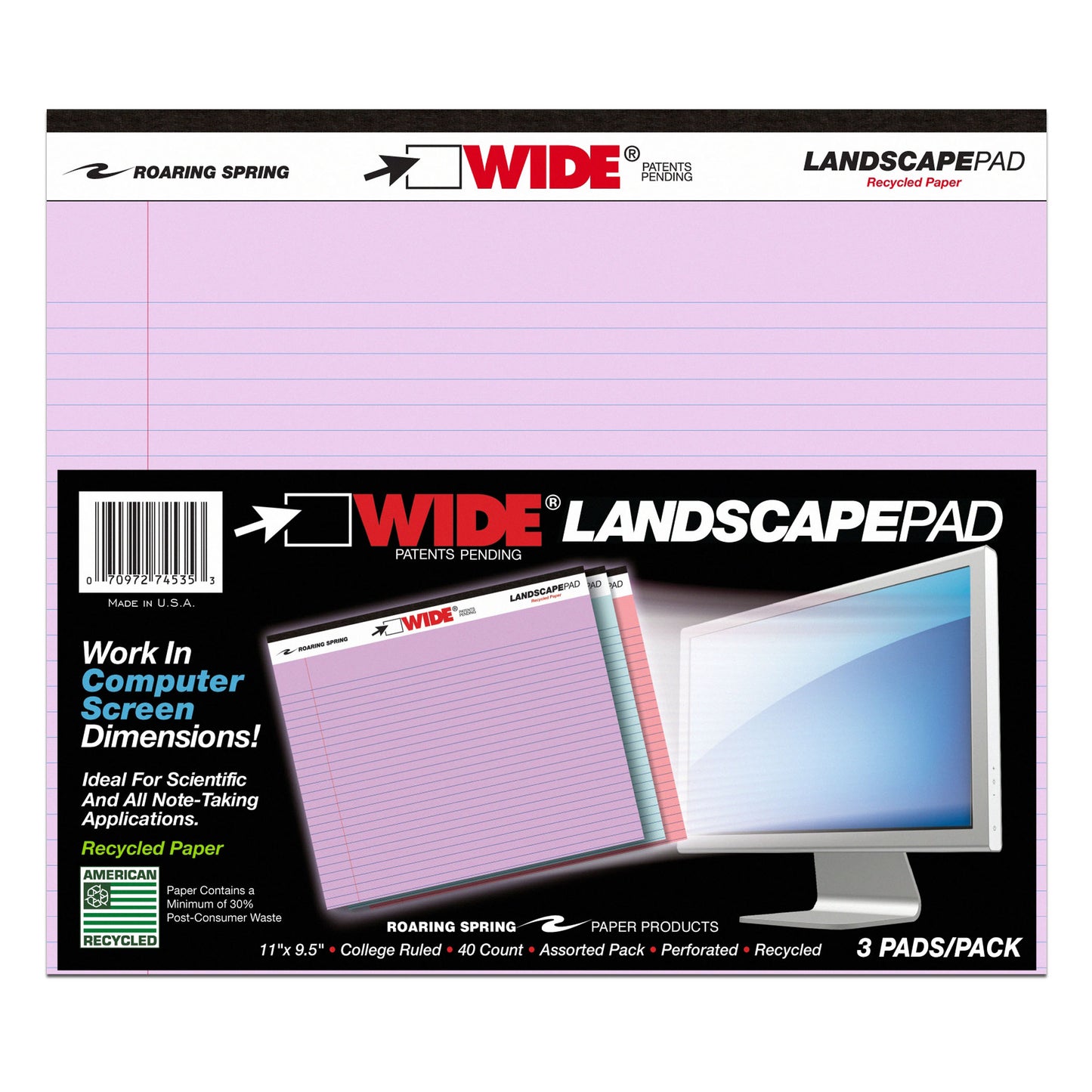 Legal Pad, Landscape, Assorted 3-Pack (Orchid, Blue, Pink)