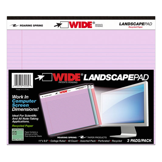 Legal Pad, Landscape, Assorted 3-Pack (Orchid, Blue, Pink)