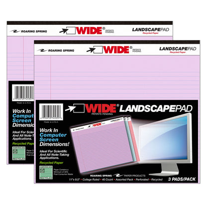 Legal Pad, Landscape, Orchid/Blue/Pink, 3 Per Pack, 2 Packs