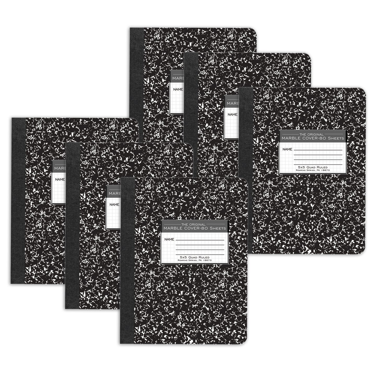Composition Book, 5x5 Graph, 80 Sheets, 9.75" x 7.5", Black Marble, Pack of 6