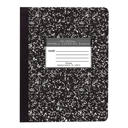Composition Book, Unruled, 50 Sheets, 9.75" x 7.5" , Black Marble, Pack of 12