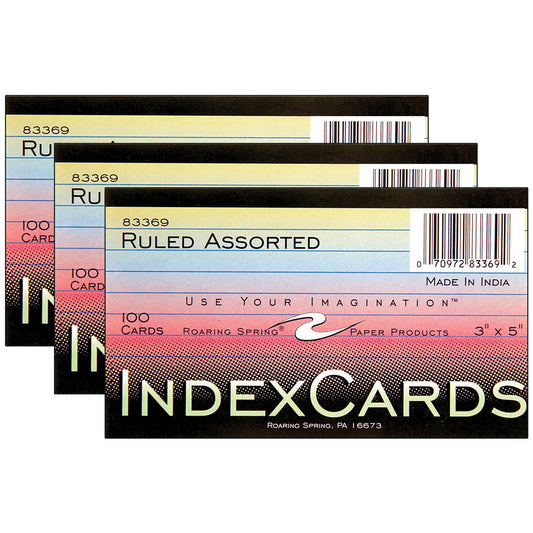 Index Cards, 3" x 5", Ruled, Assorted Colors, 100 Per Pack, 3 Packs