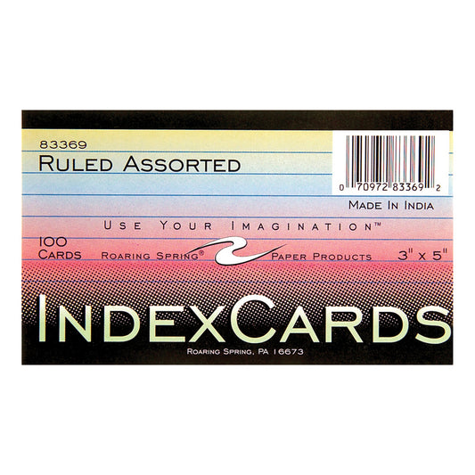 Index Cards, 3" x 5", Ruled, Assorted Colors, Pack of 100