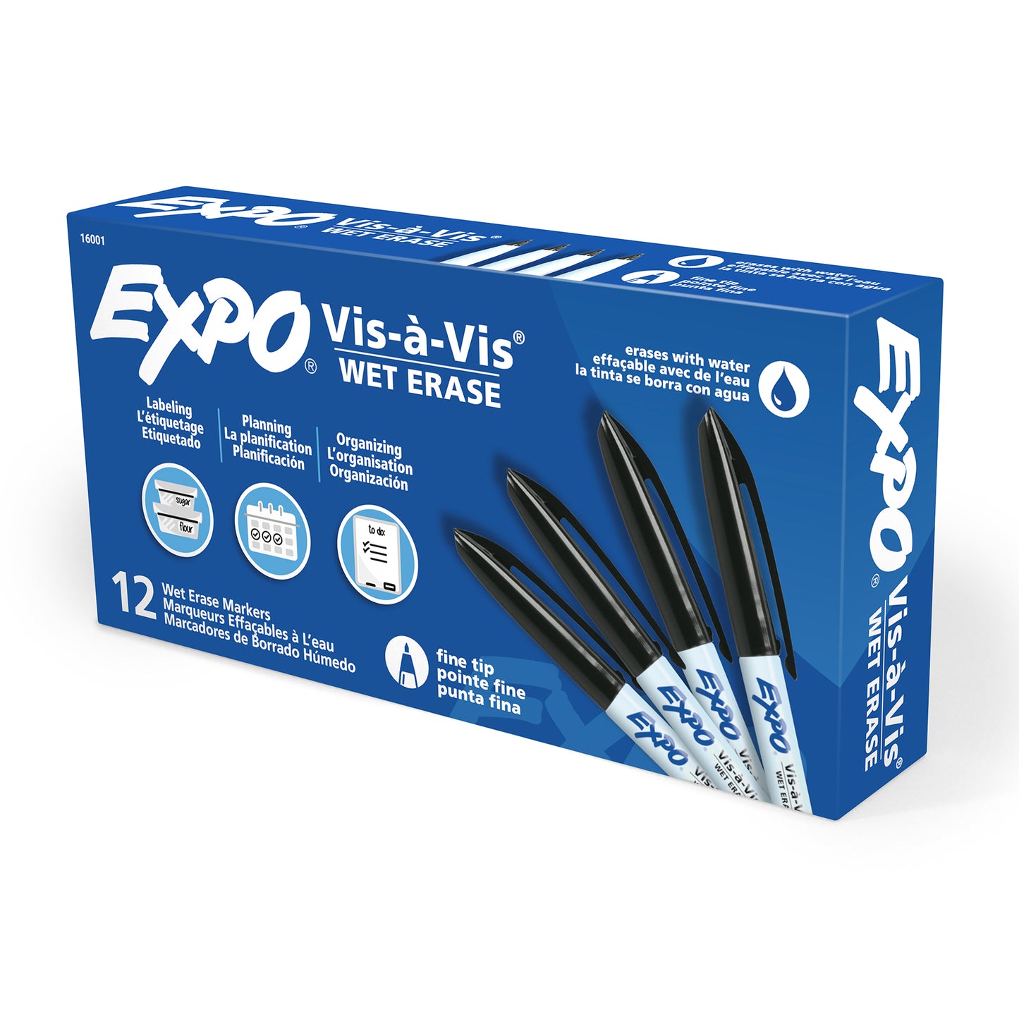 Vis-a-Vis® Wet-Erase Overhead Transparency Markers, Fine Tip, Black, Box of 12