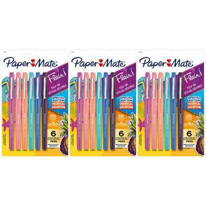 Flair Felt Tip Pens, Medium Point (0.7mm), Tropical Colors, 6 Per Pack, 3 Packs