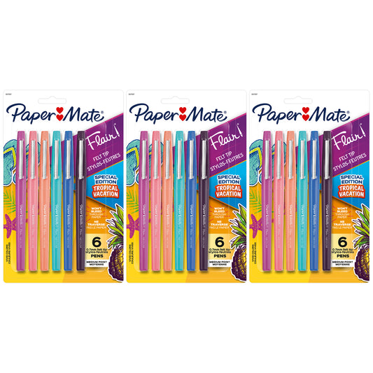 Flair Felt Tip Pens, Medium Point (0.7mm), Tropical Colors, 6 Per Pack, 3 Packs