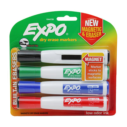 Magnetic Dry Erase Markers with Eraser, Chisel Tip, Assorted, 4 Per Pack, 3 Packs