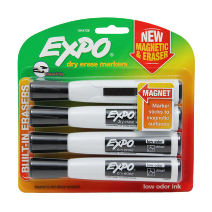 Magnetic Dry Erase Markers with Eraser, Chisel Tip, Black, 4 Per Pack, 3 Packs