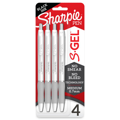 S-Gel, Gel Pens, Medium Point (0.7mm), Pearl White Body, Black Gel Ink Pens, 4 Per Pack, 3 Packs