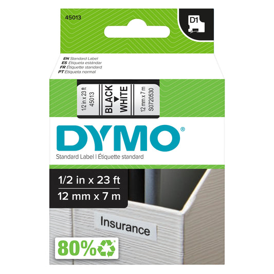 Standard D1 Labeling Tape for LabelManager Label Makers, Black Print on White Tape, 1/2'' W x 23' L, 1 Cartridge