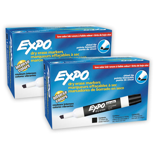 Low-Odor Dry Erase Markers, Chisel Tip, Black, 12 Per Box, 2 Boxes