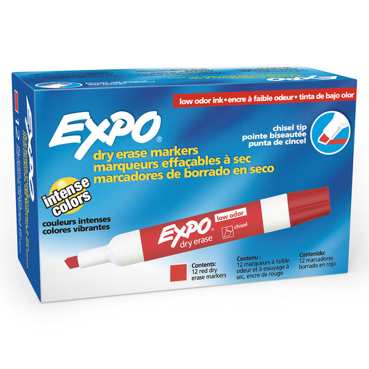 Low-Odor Dry Erase Markers, Chisel Tip, Red, Box of 12