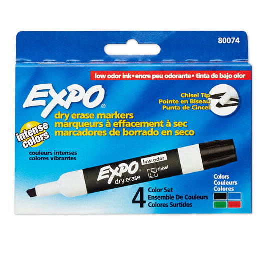 Low-Odor Dry Erase Markers, Chisel Tip, 4 Colors, Pack of 4