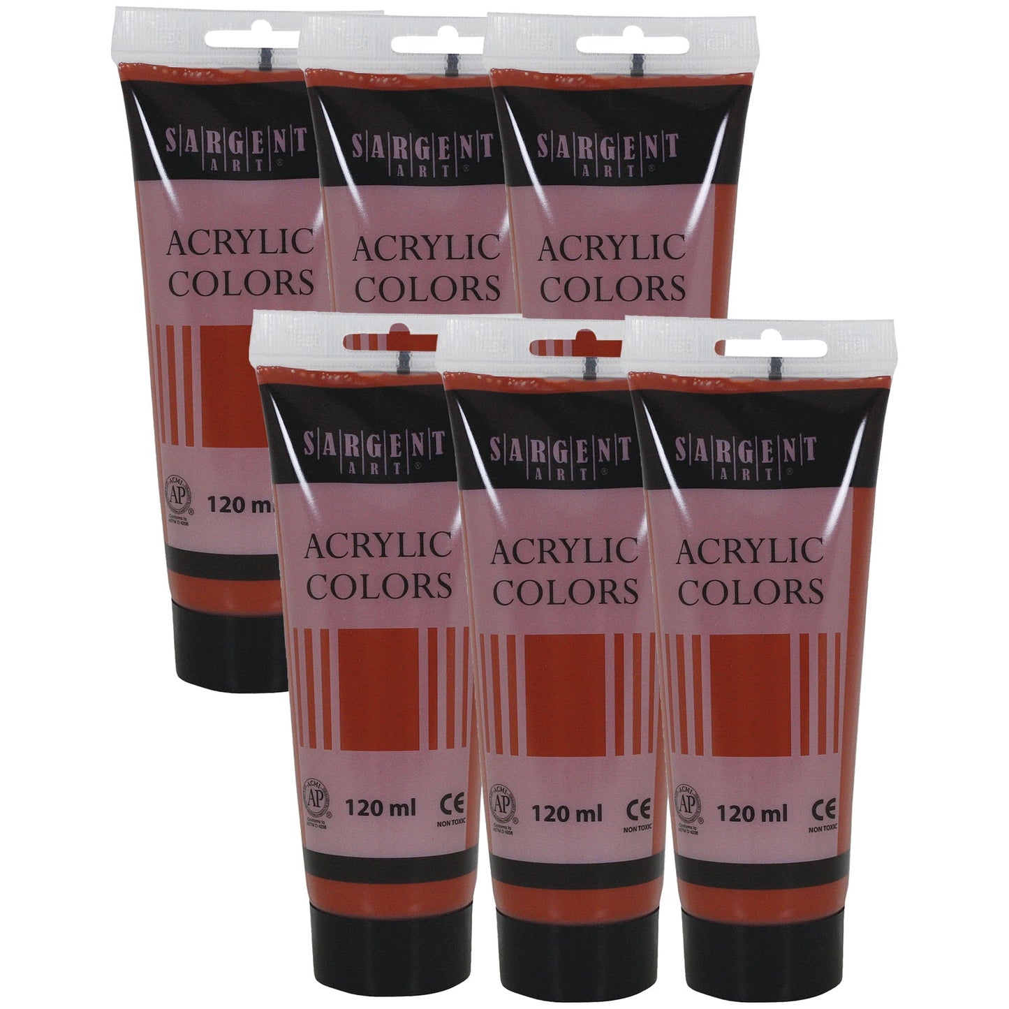 Acrylic Paint Tube, 120 ml, Burnt Sienna, Pack of 6