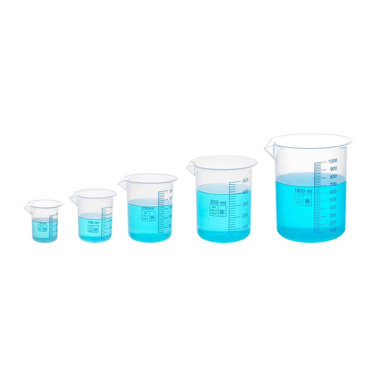 Beakers, Polypropylene, 50, 100, 250, 500, 1000ml, Set of 5