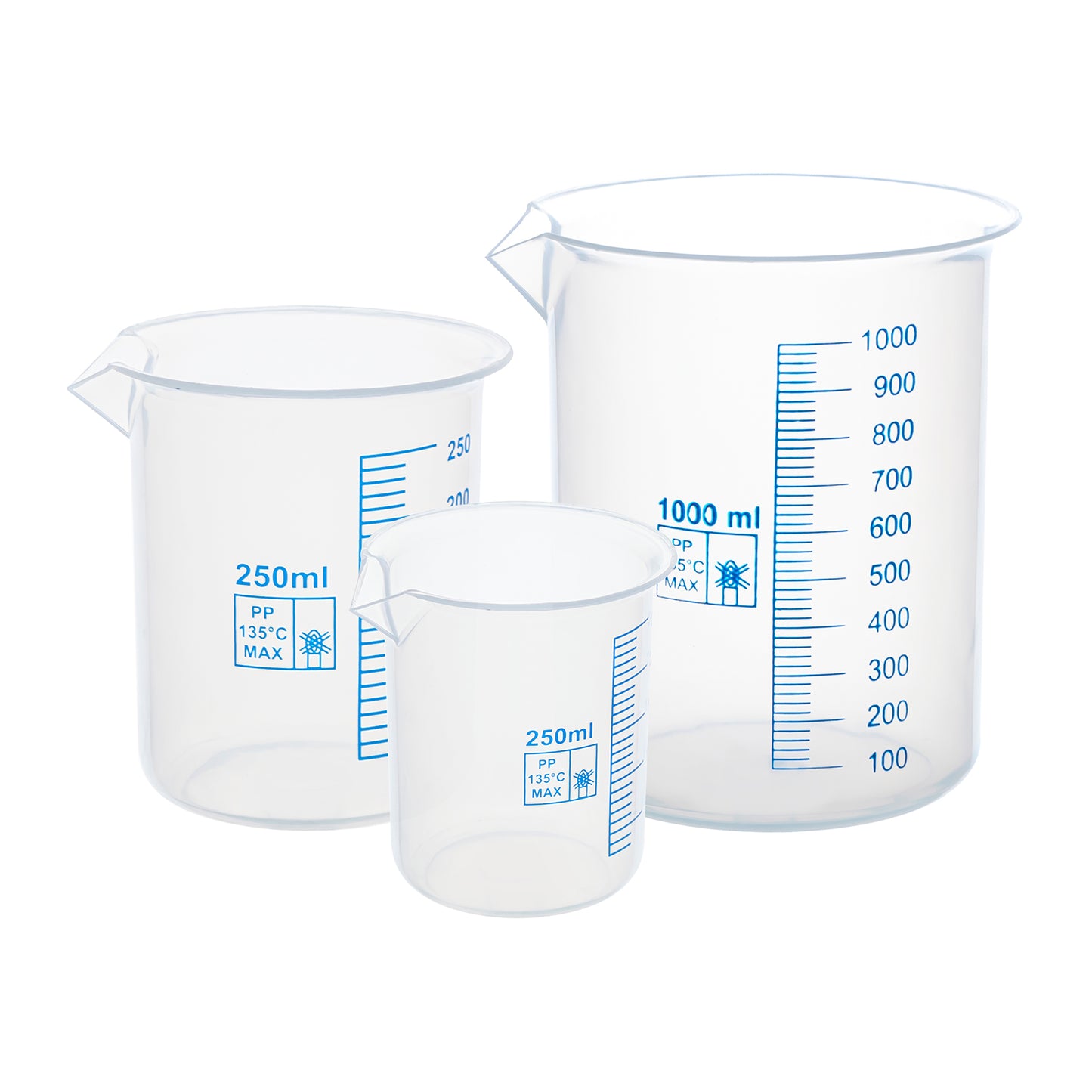 Beakers, Polypropylene, 50, 100, 250, 500, 1000ml, Set of 5