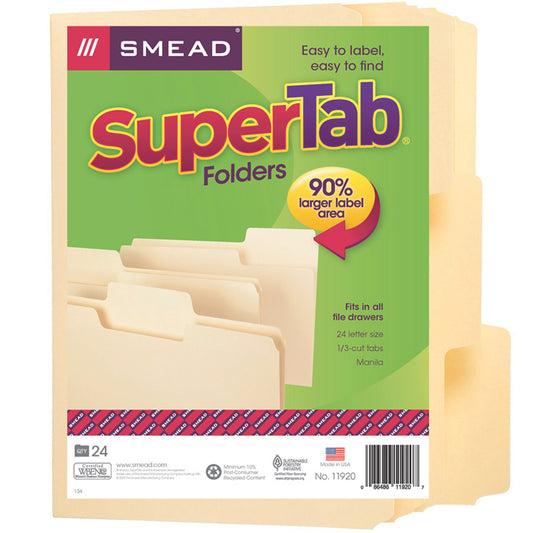 SuperTab® File Folder, Oversized 1/3-Cut Tab, Letter Size, Manila, 24 Per Pack, 2 Packs