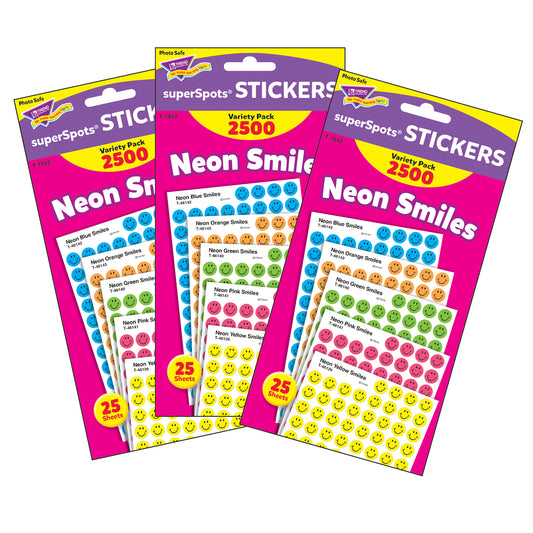 Neon Smiles superSpots® Stickers Variety Pack, 2500 Per Pack, 3 Packs